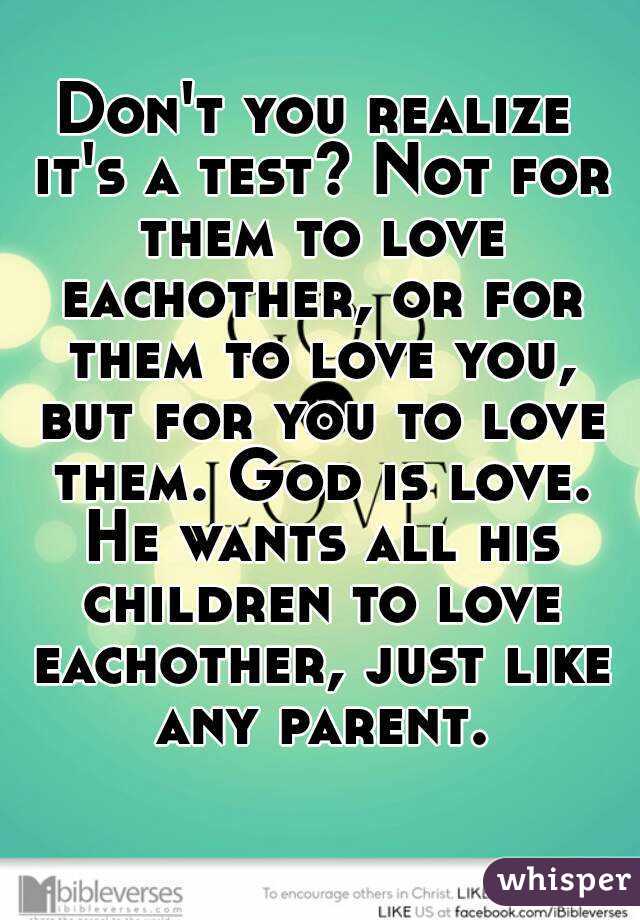 Don't you realize it's a test? Not for them to love eachother, or for them to love you, but for you to love them. God is love. He wants all his children to love eachother, just like any parent.