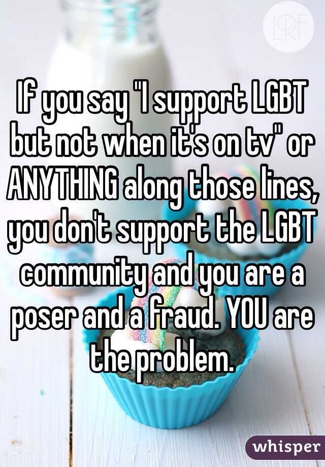 If you say "I support LGBT but not when it's on tv" or ANYTHING along those lines, you don't support the LGBT community and you are a poser and a fraud. YOU are the problem.