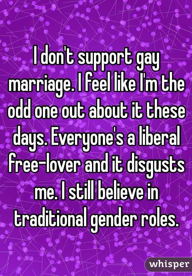 I don't support gay marriage. I feel like I'm the odd one out about it these days. Everyone's a liberal free-lover and it disgusts me. I still believe in traditional gender roles. 