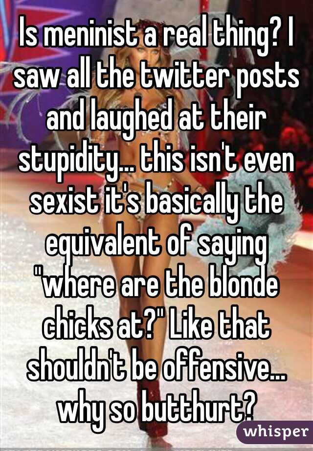 Is meninist a real thing? I saw all the twitter posts and laughed at their stupidity… this isn't even sexist it's basically the equivalent of saying "where are the blonde chicks at?" Like that shouldn't be offensive… why so butthurt?