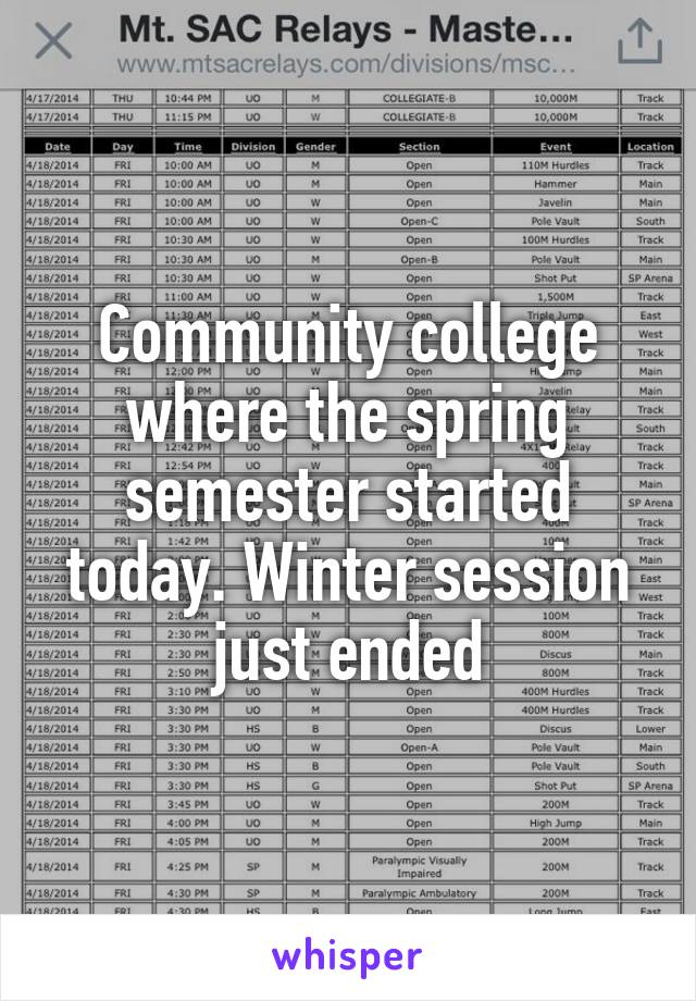 Community college where the spring semester started today. Winter session just ended