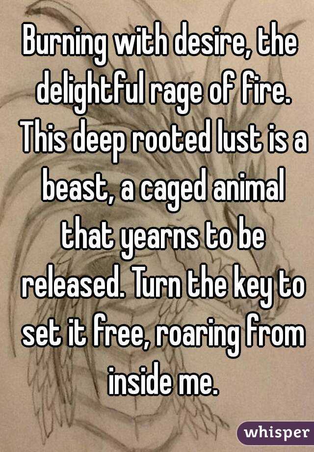 Burning with desire, the delightful rage of fire. This deep rooted lust is a beast, a caged animal that yearns to be released. Turn the key to set it free, roaring from inside me.
