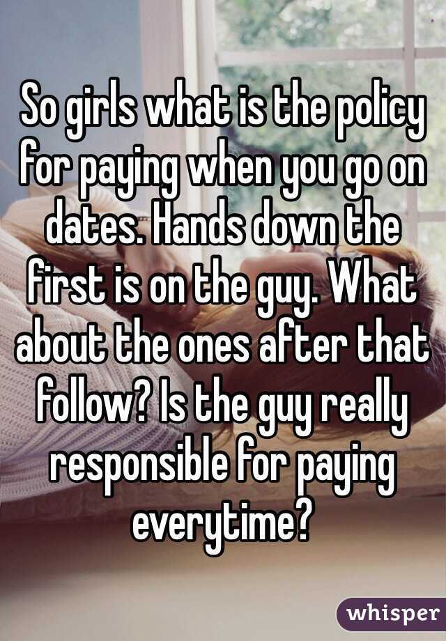 So girls what is the policy for paying when you go on dates. Hands down the first is on the guy. What about the ones after that follow? Is the guy really responsible for paying everytime?  