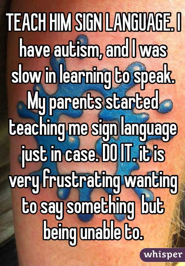 TEACH HIM SIGN LANGUAGE. I have autism, and I was slow in learning to speak. My parents started teaching me sign language just in case. DO IT. it is very frustrating wanting to say something  but being unable to.