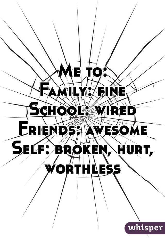 Me to: 
Family: fine
School: wired
Friends: awesome 
Self: broken, hurt, worthless 