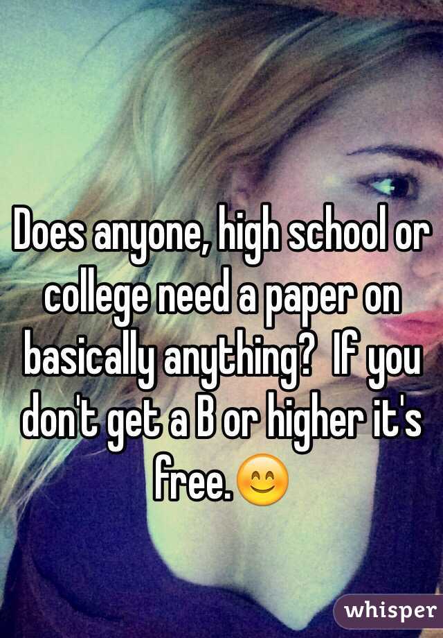 Does anyone, high school or college need a paper on basically anything?  If you don't get a B or higher it's free.😊