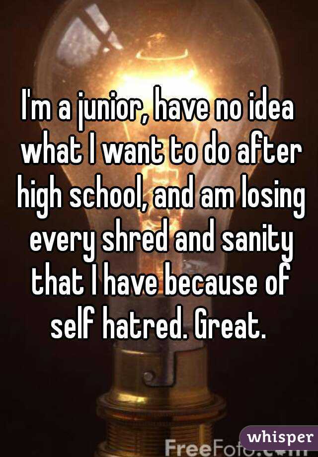 I'm a junior, have no idea what I want to do after high school, and am losing every shred and sanity that I have because of self hatred. Great. 