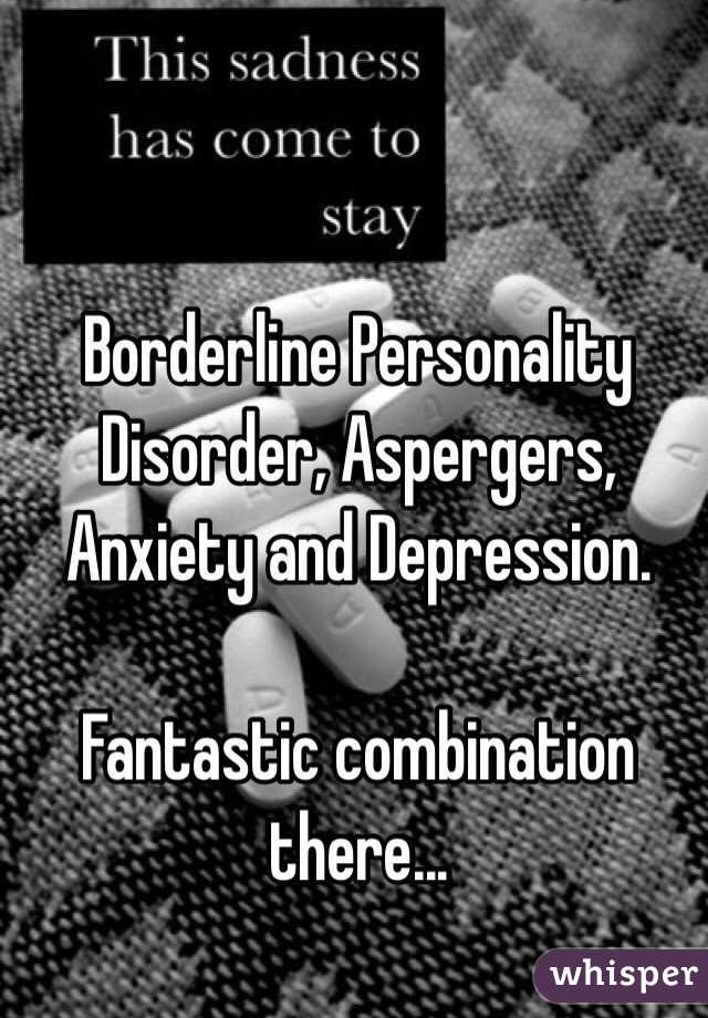 Borderline Personality Disorder, Aspergers, Anxiety and Depression. 

Fantastic combination there...