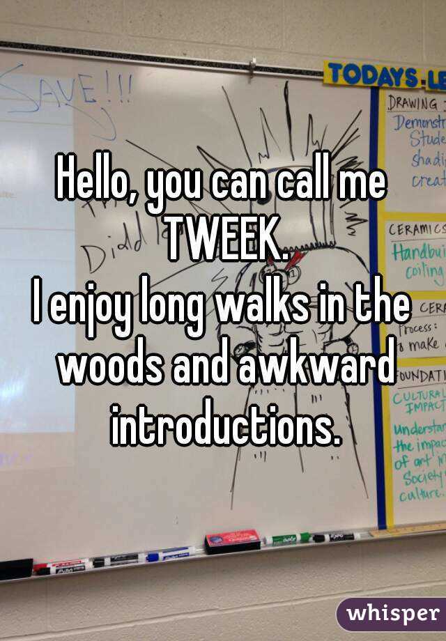 Hello, you can call me TWEEK.
I enjoy long walks in the woods and awkward introductions.