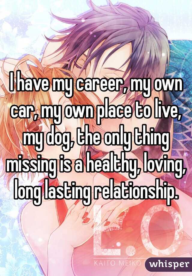 I have my career, my own car, my own place to live, my dog, the only thing missing is a healthy, loving, long lasting relationship.  