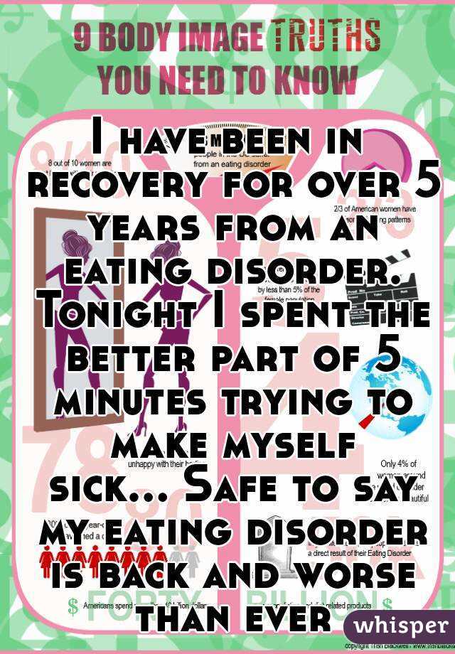 I have been in recovery for over 5 years from an eating disorder. Tonight I spent the better part of 5 minutes trying to make myself sick... Safe to say my eating disorder is back and worse than ever
