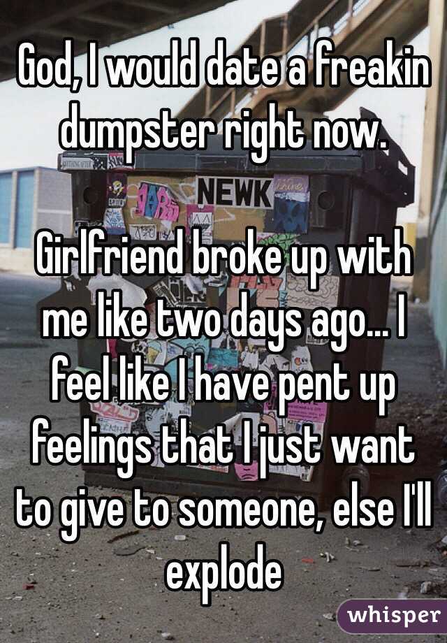 God, I would date a freakin dumpster right now. 

Girlfriend broke up with me like two days ago... I feel like I have pent up feelings that I just want to give to someone, else I'll explode
