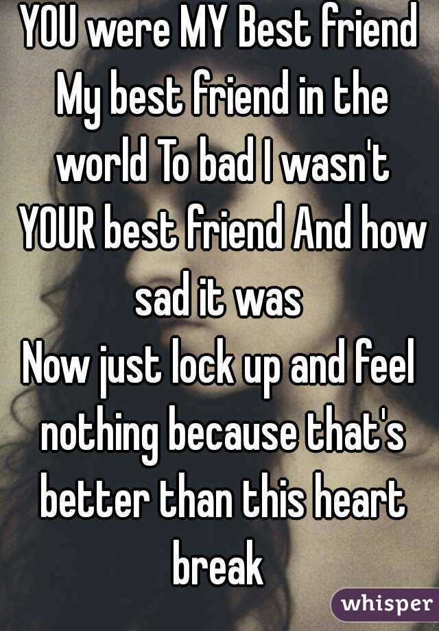 YOU were MY Best friend My best friend in the world To bad I wasn't YOUR best friend And how sad it was 
Now just lock up and feel nothing because that's better than this heart break 