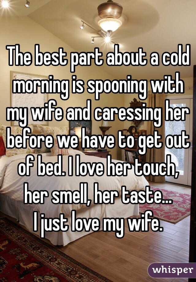 The best part about a cold morning is spooning with my wife and caressing her before we have to get out of bed. I love her touch, her smell, her taste...
I just love my wife. 