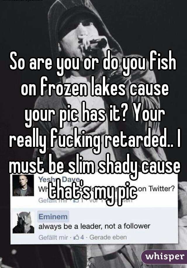 So are you or do you fish on frozen lakes cause your pic has it? Your really fucking retarded.. I must be slim shady cause that's my pic 