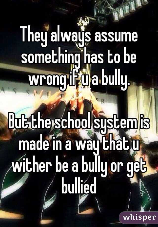 They always assume something has to be wrong if u a bully. 

But the school system is made in a way that u wither be a bully or get bullied