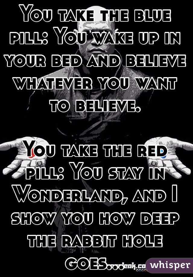 You take the blue pill: You wake up in your bed and believe whatever you want to believe.

You take the red pill: You stay in Wonderland, and I show you how deep the rabbit hole goes…