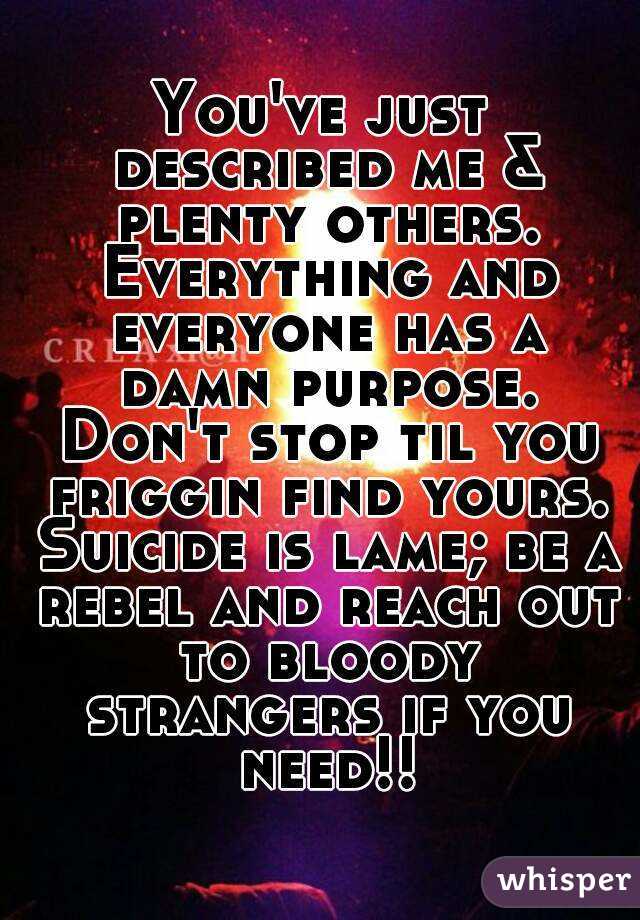 You've just described me & plenty others. Everything and everyone has a damn purpose. Don't stop til you friggin find yours. Suicide is lame; be a rebel and reach out to bloody strangers if you need!!