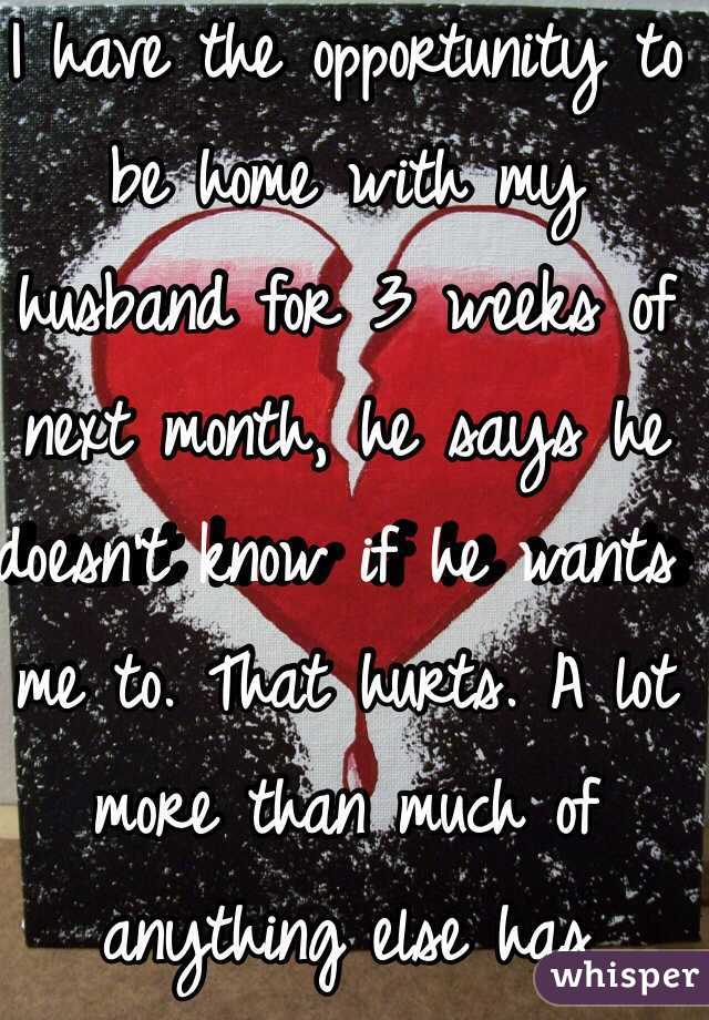 I have the opportunity to be home with my husband for 3 weeks of next month, he says he doesn't know if he wants me to. That hurts. A lot more than much of anything else has
