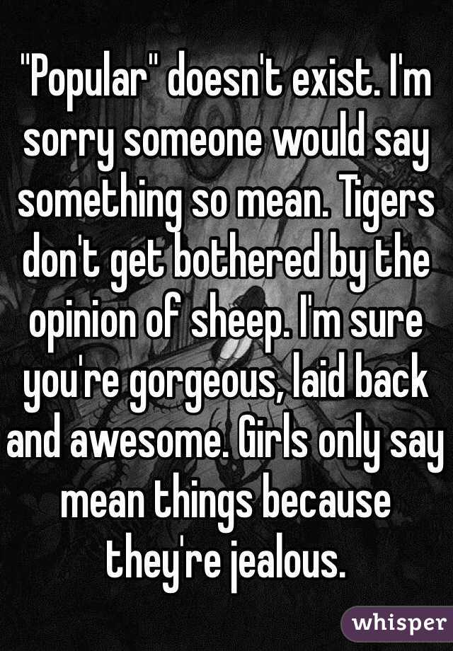 "Popular" doesn't exist. I'm sorry someone would say something so mean. Tigers don't get bothered by the opinion of sheep. I'm sure you're gorgeous, laid back and awesome. Girls only say mean things because they're jealous. 