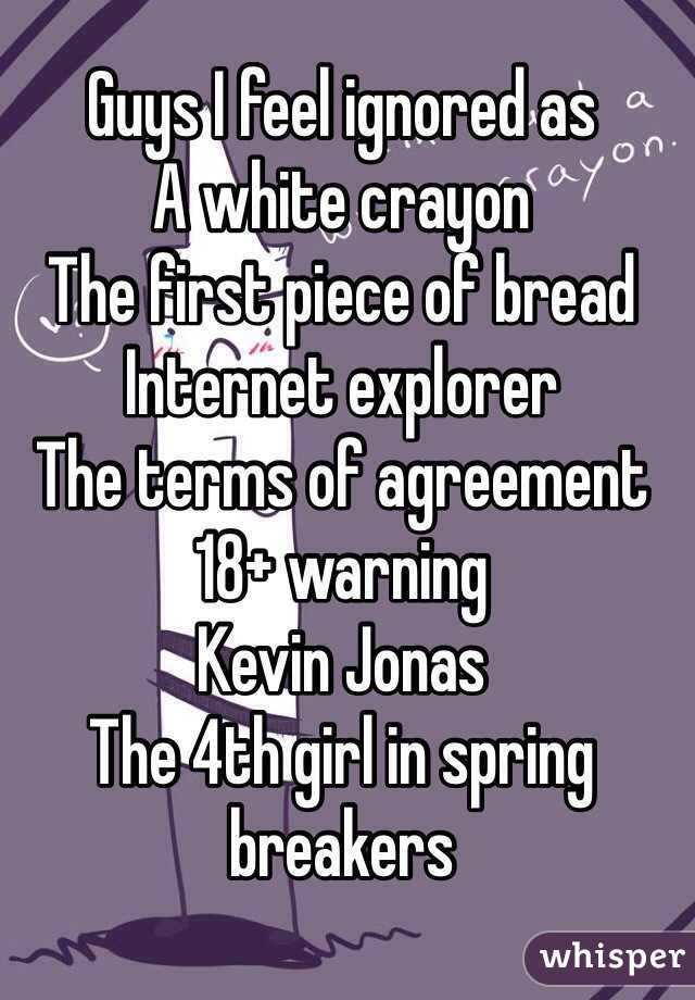Guys I feel ignored as
A white crayon 
The first piece of bread
Internet explorer
The terms of agreement
18+ warning 
Kevin Jonas
The 4th girl in spring breakers 