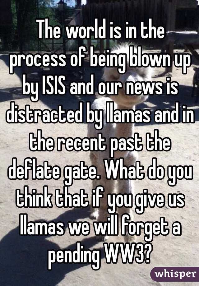 The world is in the process of being blown up by ISIS and our news is distracted by llamas and in the recent past the deflate gate. What do you think that if you give us llamas we will forget a pending WW3?