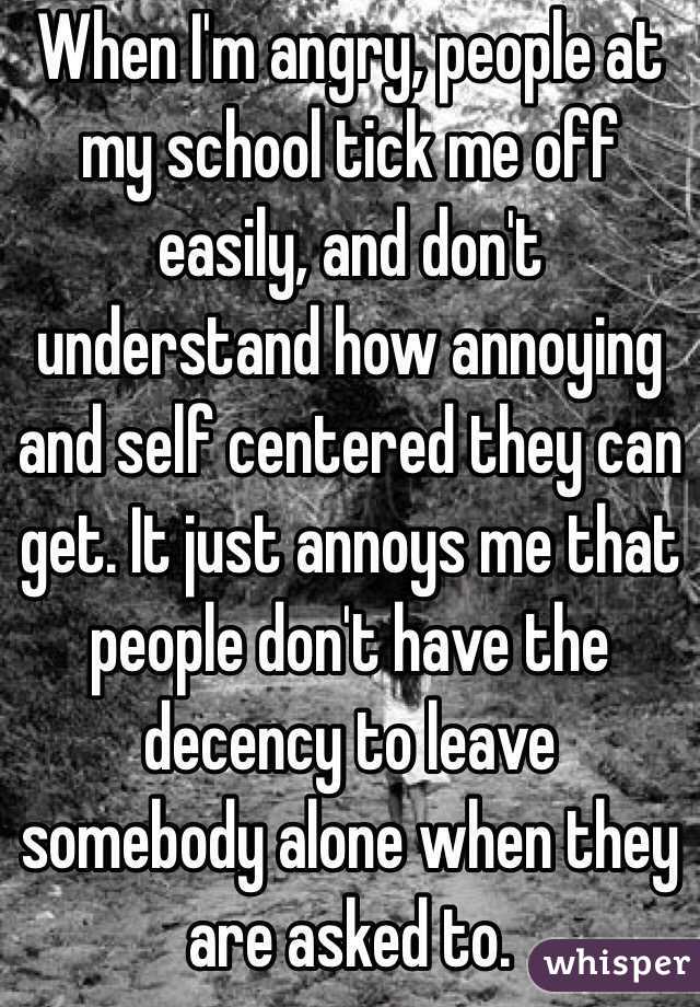 When I'm angry, people at my school tick me off easily, and don't understand how annoying and self centered they can get. It just annoys me that people don't have the decency to leave somebody alone when they are asked to. 