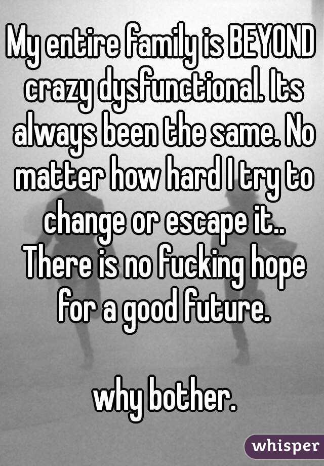 My entire family is BEYOND crazy dysfunctional. Its always been the same. No matter how hard I try to change or escape it.. There is no fucking hope for a good future.

 why bother.