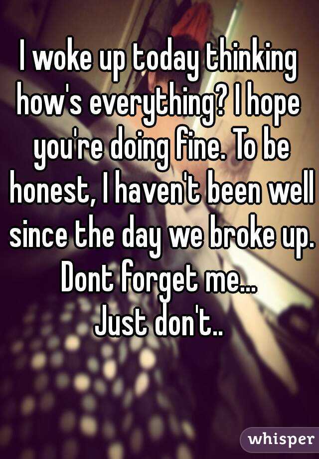 I woke up today thinking
how's everything? I hope you're doing fine. To be honest, I haven't been well since the day we broke up. Dont forget me... 
Just don't..