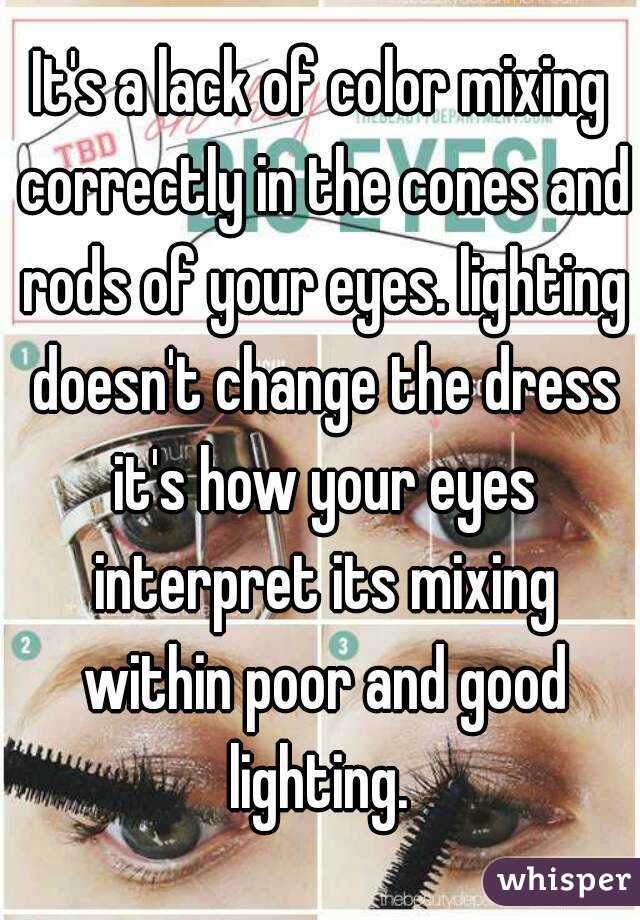 It's a lack of color mixing correctly in the cones and rods of your eyes. lighting doesn't change the dress it's how your eyes interpret its mixing within poor and good lighting. 