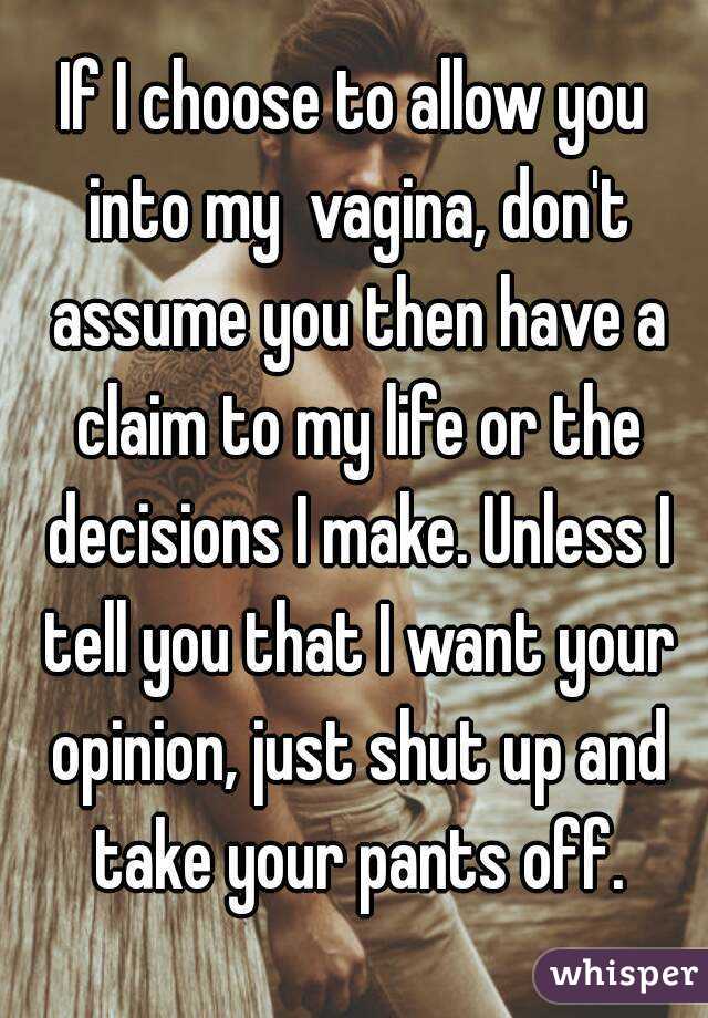 If I choose to allow you into my  vagina, don't assume you then have a claim to my life or the decisions I make. Unless I tell you that I want your opinion, just shut up and take your pants off.