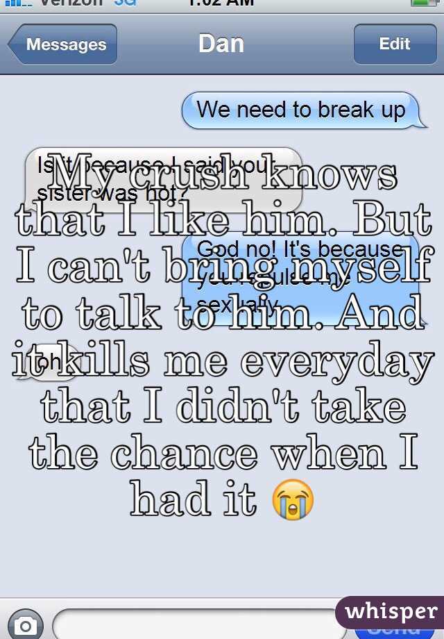 My crush knows that I like him. But I can't bring myself to talk to him. And it kills me everyday that I didn't take the chance when I had it 😭