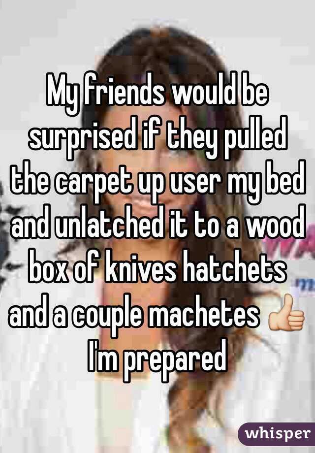 My friends would be surprised if they pulled the carpet up user my bed and unlatched it to a wood box of knives hatchets and a couple machetes 👍 I'm prepared