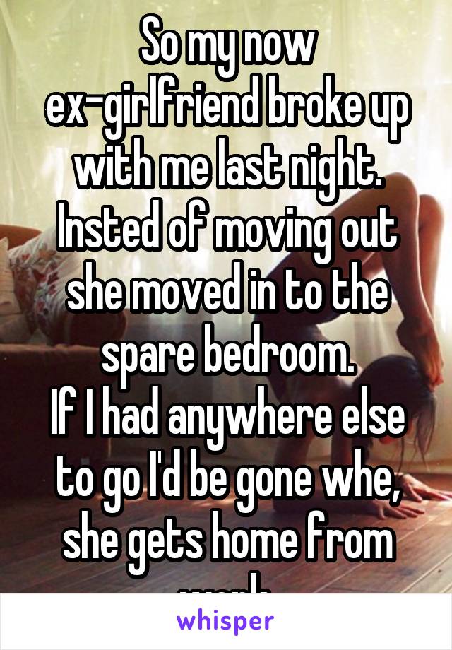 So my now ex-girlfriend broke up with me last night. Insted of moving out she moved in to the spare bedroom.
If I had anywhere else to go I'd be gone whe, she gets home from work.
