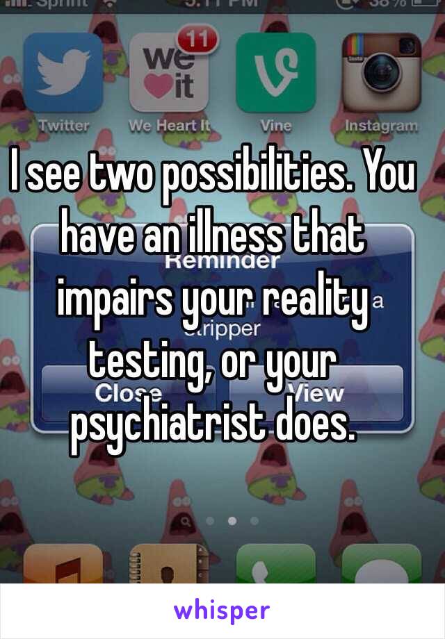 I see two possibilities. You have an illness that impairs your reality testing, or your psychiatrist does.