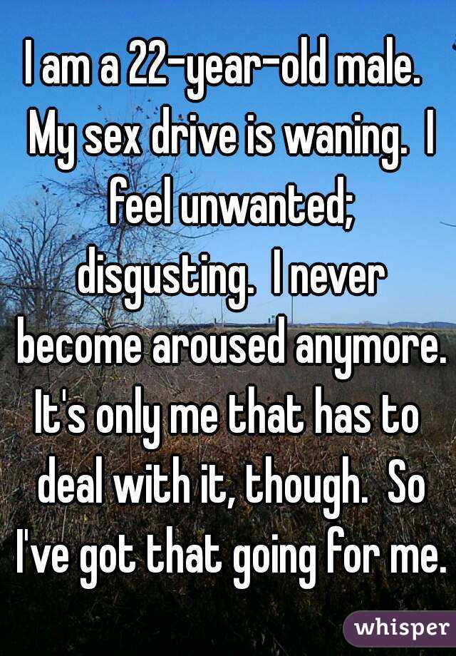 I am a 22-year-old male.  My sex drive is waning.  I feel unwanted; disgusting.  I never become aroused anymore.
It's only me that has to deal with it, though.  So I've got that going for me.