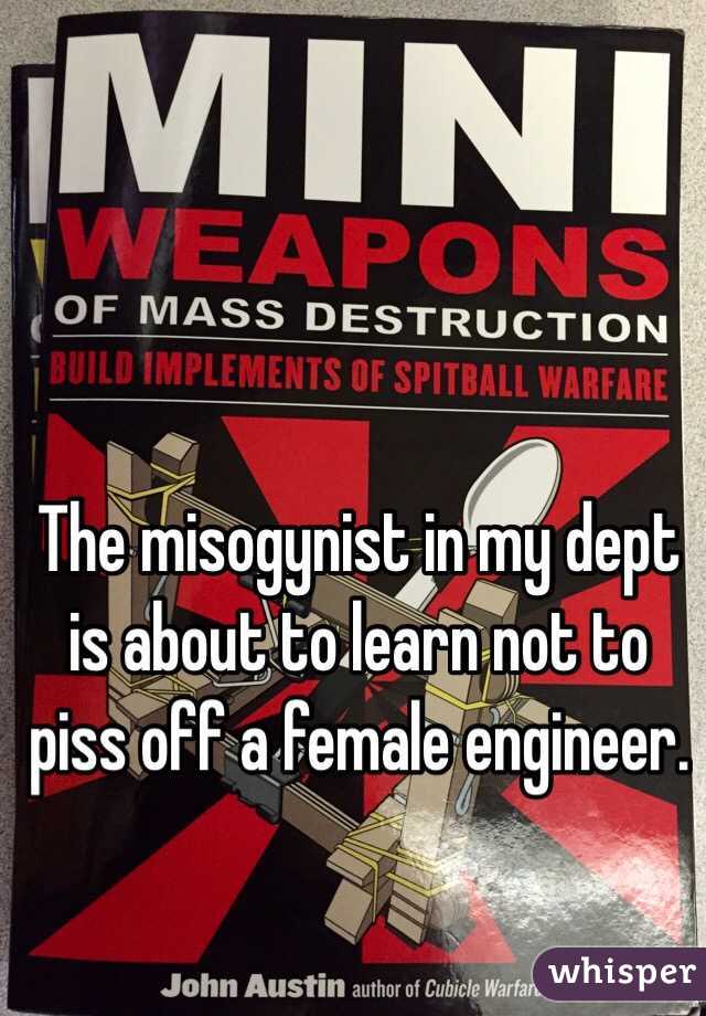 The misogynist in my dept is about to learn not to piss off a female engineer.