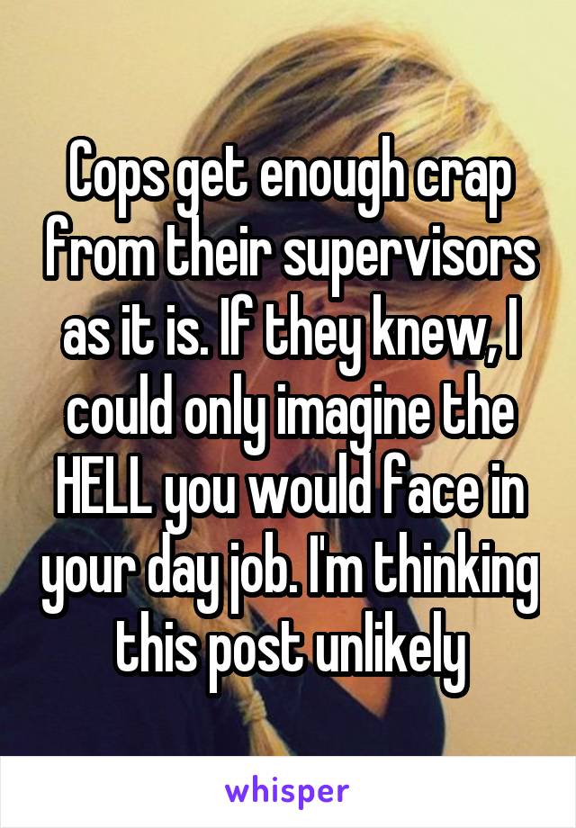 Cops get enough crap from their supervisors as it is. If they knew, I could only imagine the HELL you would face in your day job. I'm thinking this post unlikely