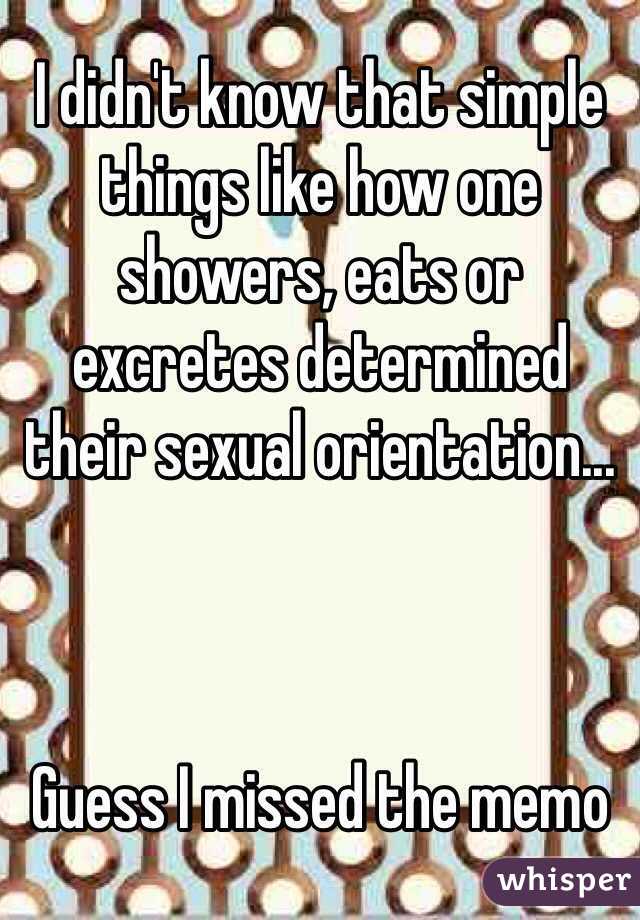 I didn't know that simple things like how one showers, eats or excretes determined their sexual orientation...



Guess I missed the memo