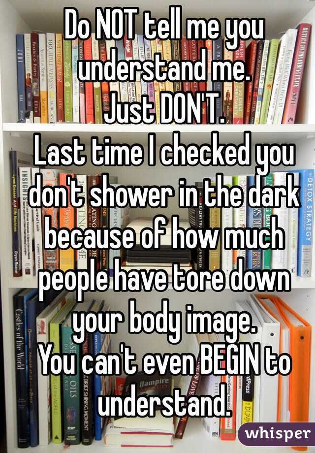 Do NOT tell me you understand me. 
Just DON'T.
Last time I checked you don't shower in the dark because of how much people have tore down your body image.
You can't even BEGIN to understand.