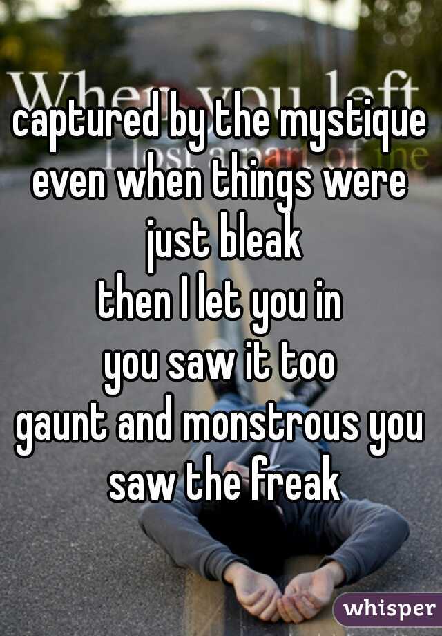 captured by the mystique
even when things were just bleak
then I let you in
you saw it too
gaunt and monstrous you saw the freak