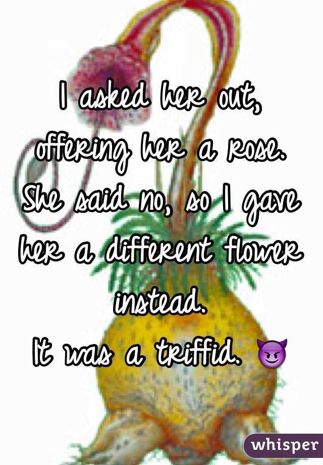 I asked her out,
offering her a rose.
She said no, so I gave her a different flower instead.
It was a triffid. 😈