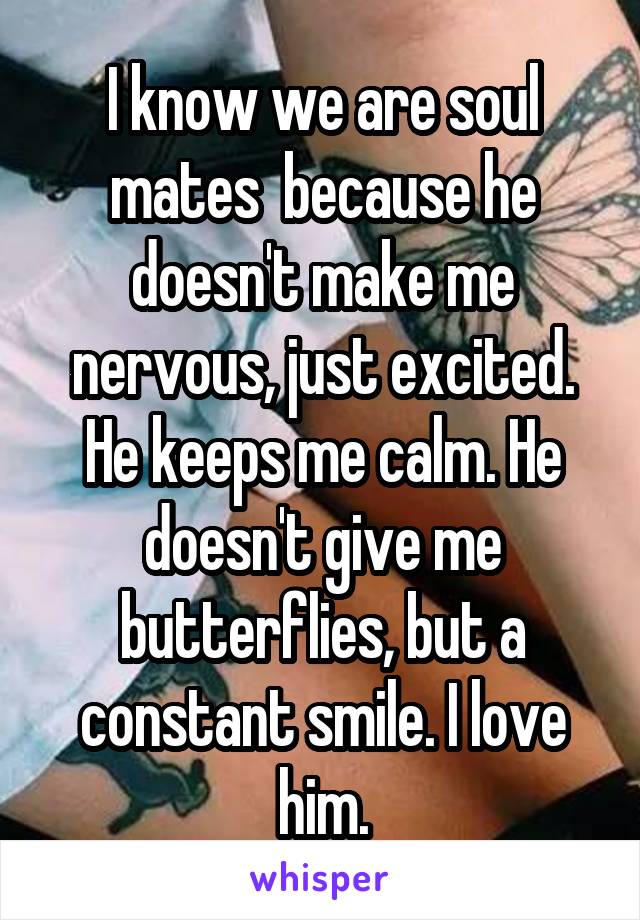 I know we are soul mates  because he doesn't make me nervous, just excited. He keeps me calm. He doesn't give me butterflies, but a constant smile. I love him.