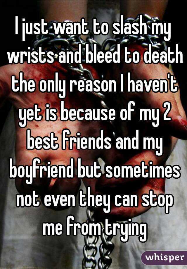 I just want to slash my wrists and bleed to death the only reason I haven't yet is because of my 2 best friends and my boyfriend but sometimes not even they can stop me from trying