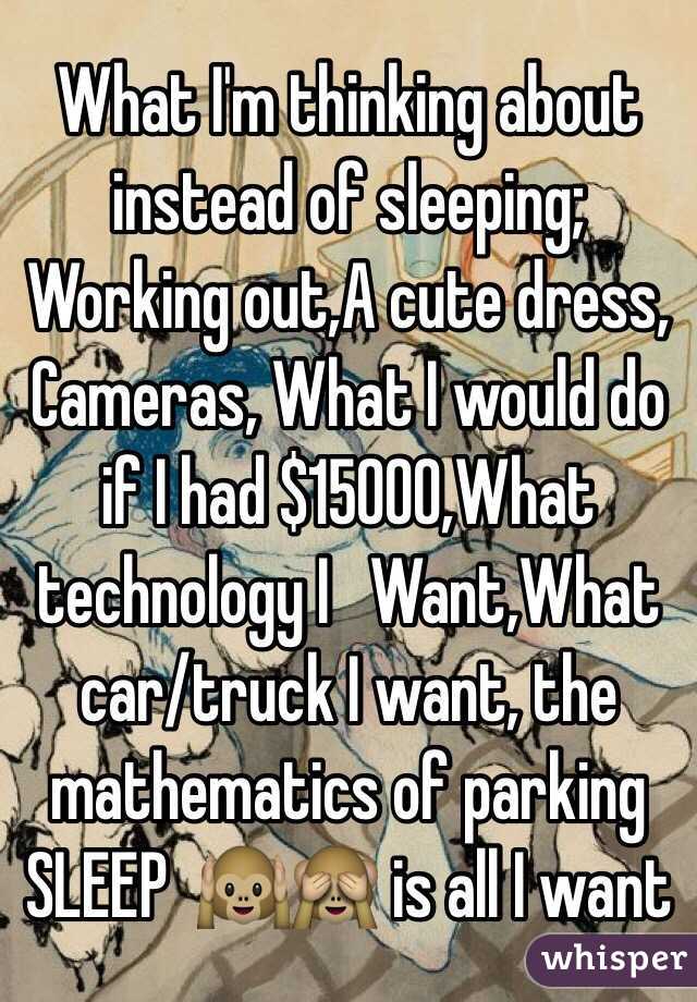 What I'm thinking about instead of sleeping; Working out,A cute dress, Cameras, What I would do if I had $15000,What technology I   Want,What car/truck I want, the mathematics of parking 
SLEEP  🙉🙈 is all I want 