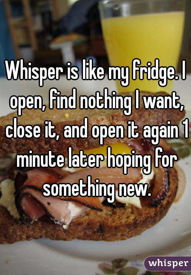 Whisper is like my fridge. I open, find nothing I want, close it, and open it again 1 minute later hoping for something new.