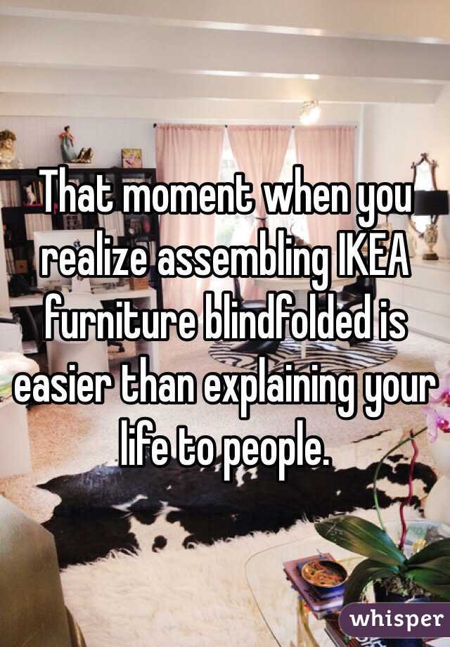 That moment when you realize assembling IKEA furniture blindfolded is easier than explaining your life to people.