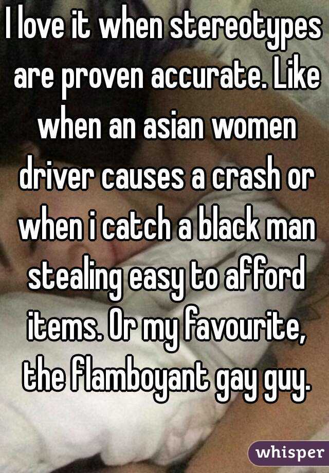 I love it when stereotypes are proven accurate. Like when an asian women driver causes a crash or when i catch a black man stealing easy to afford items. Or my favourite, the flamboyant gay guy.