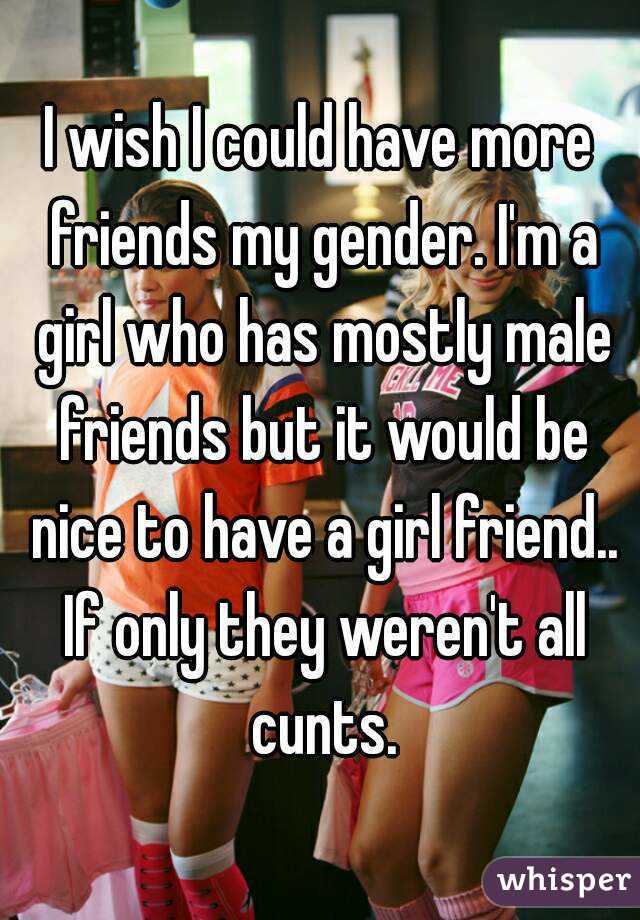 I wish I could have more friends my gender. I'm a girl who has mostly male friends but it would be nice to have a girl friend.. If only they weren't all cunts.