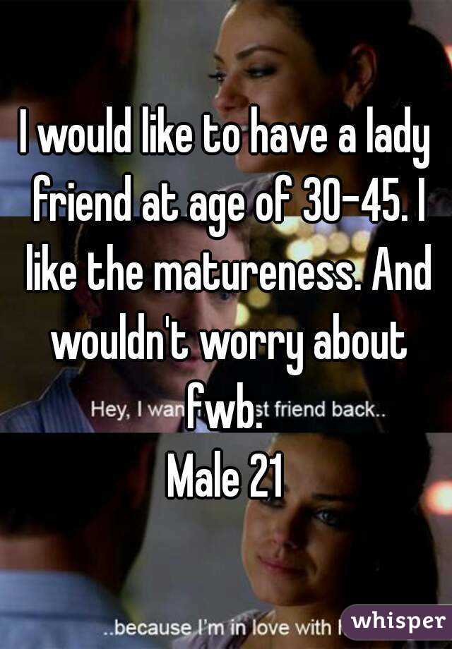 I would like to have a lady friend at age of 30-45. I like the matureness. And wouldn't worry about fwb. 
Male 21